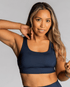 Off The Hook hook-and-eye, smooth fron sports bra in navy front view