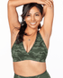 Flattering, deep V, FaV bra in Green Camo Hideout print front view