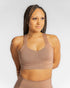 Y-Back sports bra in neutral latte color Just Brew It front view
